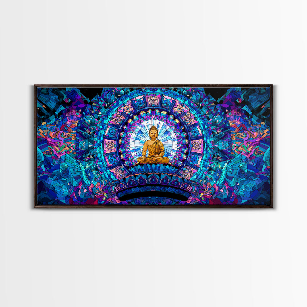 Stained Glass Style Blue Buddha Meditation Wall Art Framed Canvas Print For Spa Decor And Spiritual Home Decor