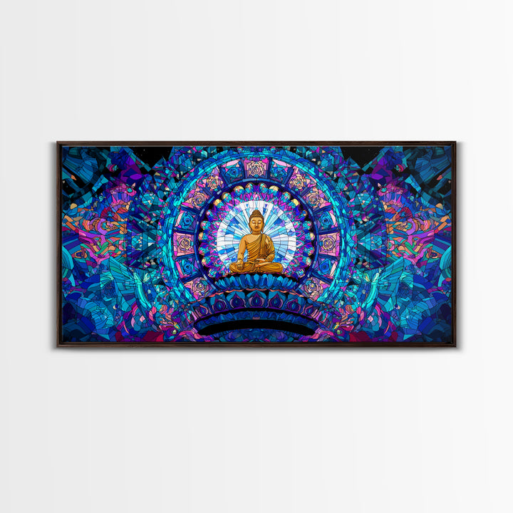Stained Glass Style Blue Buddha Meditation Wall Art Framed Canvas Print For Spa Decor And Spiritual Home Decor