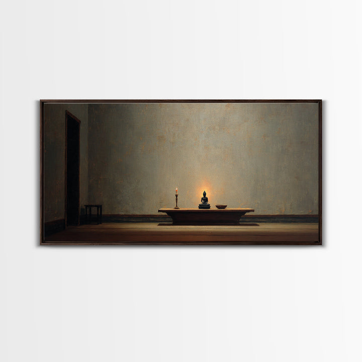 Minimalist Zen Home Decor Buddha Statue With Candle On Wooden Table Wall Art