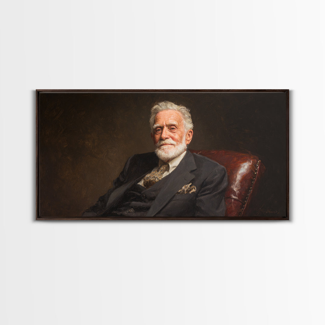 Distinguished Elder Gentleman Portrait Framed Canvas Print, Classic Wall Art, Dark Academia Decor, Office Art, Gift For Him