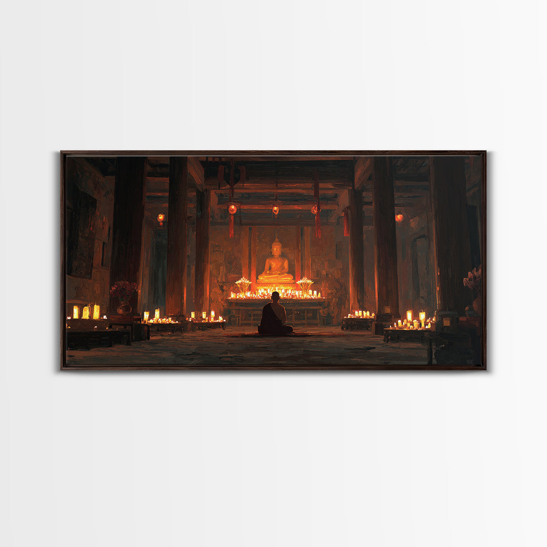 Serene Buddha Meditation In Candlelit Temple Painting Wall Art Home Spiritual Canvas Print Zen Decor