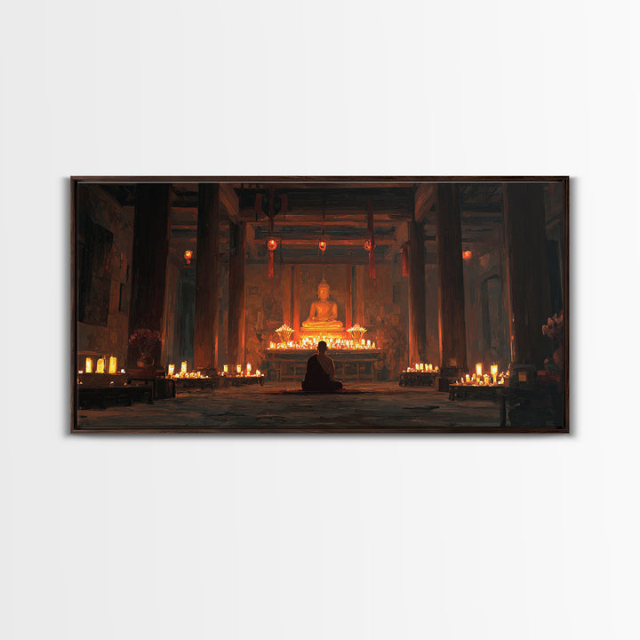 Serene Buddha Meditation In Candlelit Temple Painting Wall Art Home Spiritual Canvas Print Zen Decor