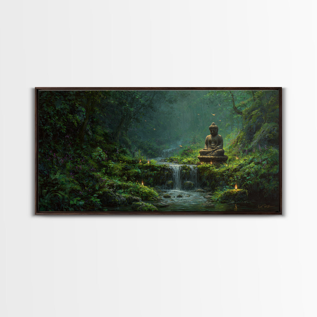 Serene Buddha Statue Waterfall Forest Scene Tranquil Landscape Wall Art Framed Canvas Print To Create Zen Home Decor Or Meditation Room