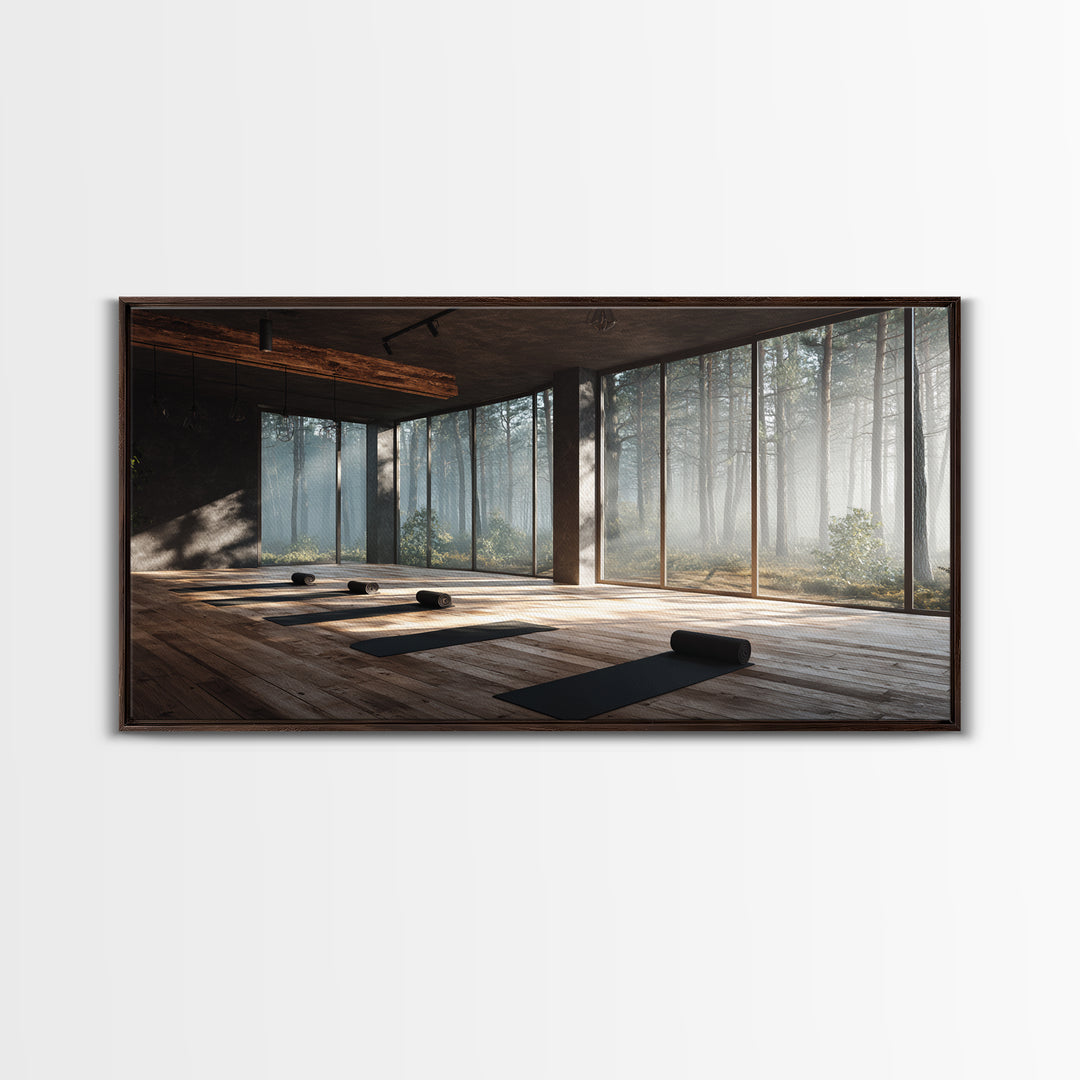 Peaceful Yoga Studio Interior With Forest View Wall Art Canvas Print Modern Office Decor Tranquil Space