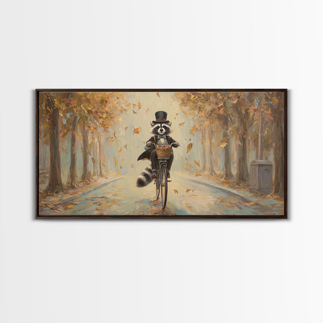 Whimsical Raccoon Riding Bicycle Canvas Print, Autumn Wall Art, Cute Animal Art, Kids Room Decor, Nursery Wall Art, Gift