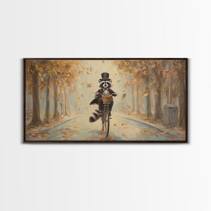 Whimsical Raccoon Riding Bicycle Canvas Print, Autumn Wall Art, Cute Animal Art, Kids Room Decor, Nursery Wall Art, Gift