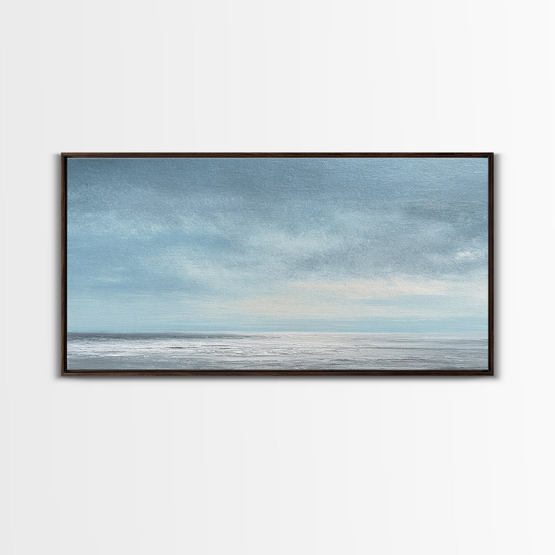 Tranquil Seascape Oil Painting With Soft Blue Sky And Ocean Horizon Peaceful Wall Art Canvas Print