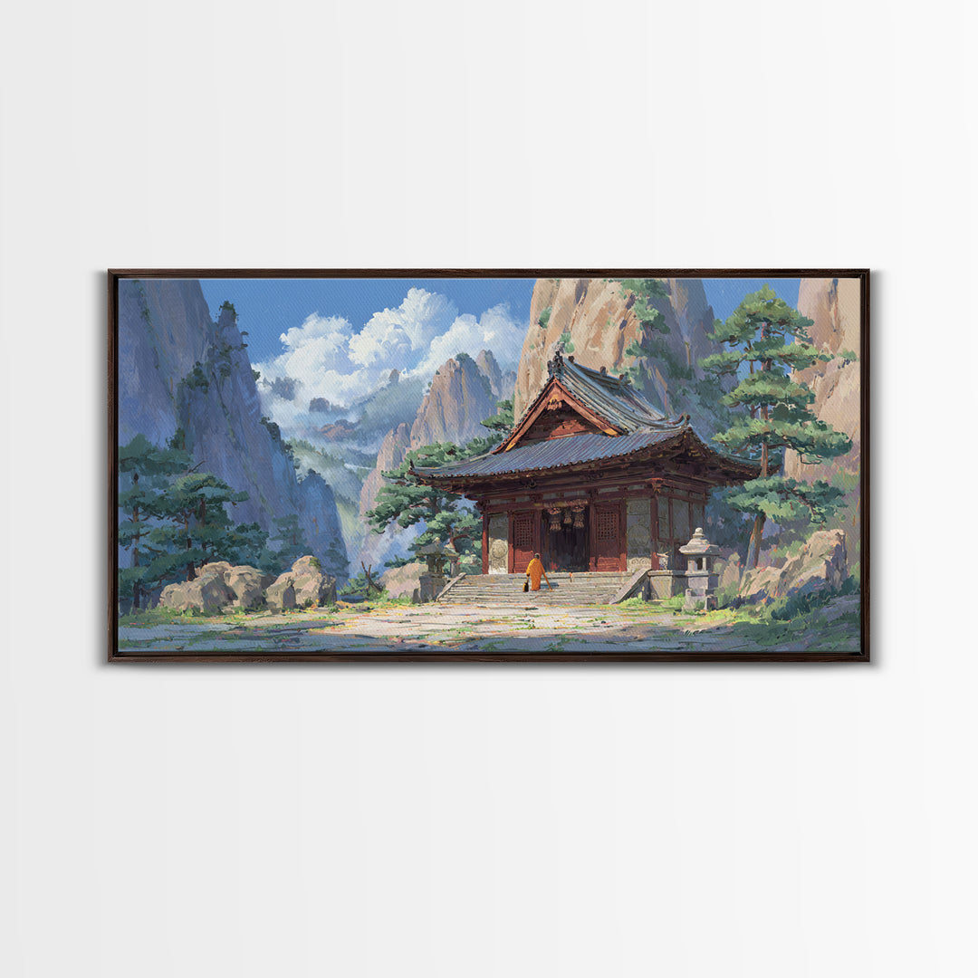 Peaceful Buddhist Temple Amid Mountains With Morning Mist Landscape Wall Art, Original Artwork Framed Canvas Print, Zen Decor