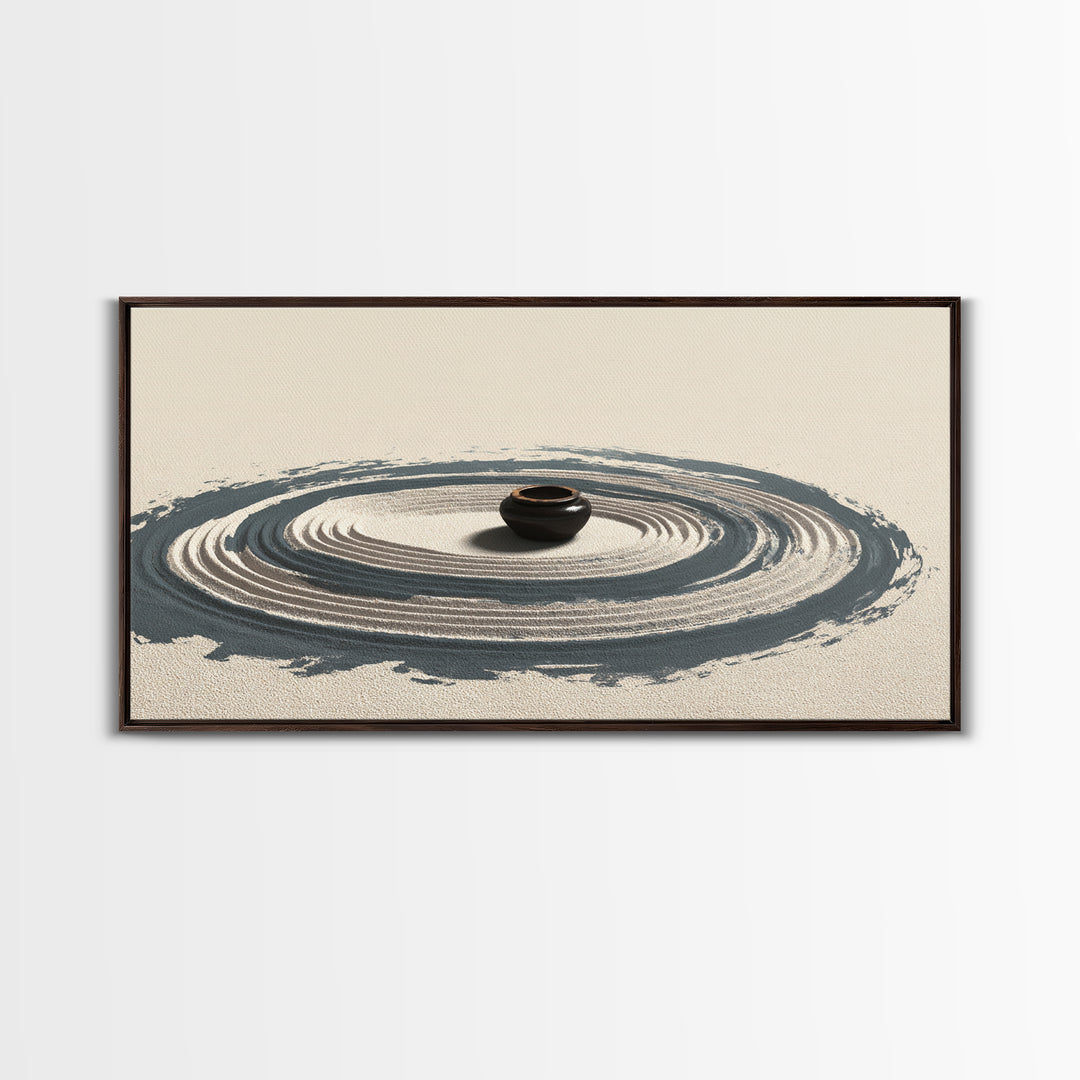 Zen Garden Sand Spiral With Ceramic Pot Minimalist Spiritual Wall Art For Meditation Room Decor Framed Canvas Print