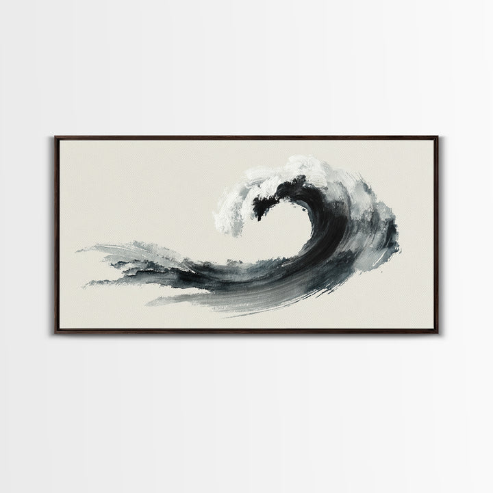 Japanese Ink Painting Black Wave Minimalist Brush Stroke Abstract Art Wall Art Framed Canvas Print For Modern Living Room Decor