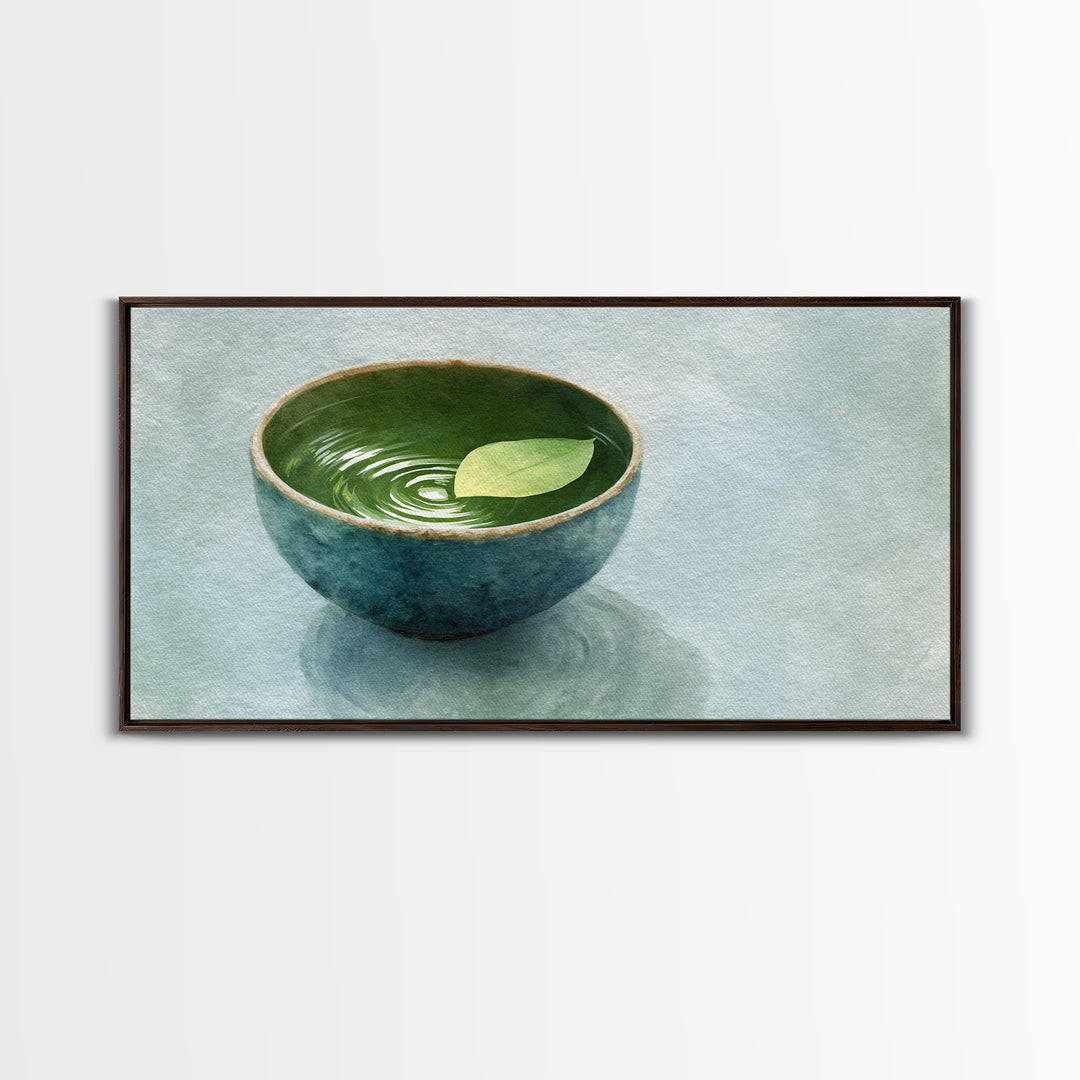 Minimalist Ceramic Bowl With Leaf Floating On Water Art Print For Zen Home Decor Framed Canvas Print