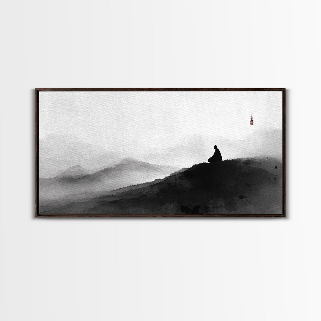 Peaceful Black And White Zen Mountain Meditation Wall Art Framed Canvas Print Spiritual Decor