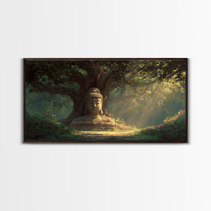 Serene Buddha Statue In Lush Forest Meditation Wall Art Framed Canvas Print For Zen Home Decor And Spiritual Wall Decor