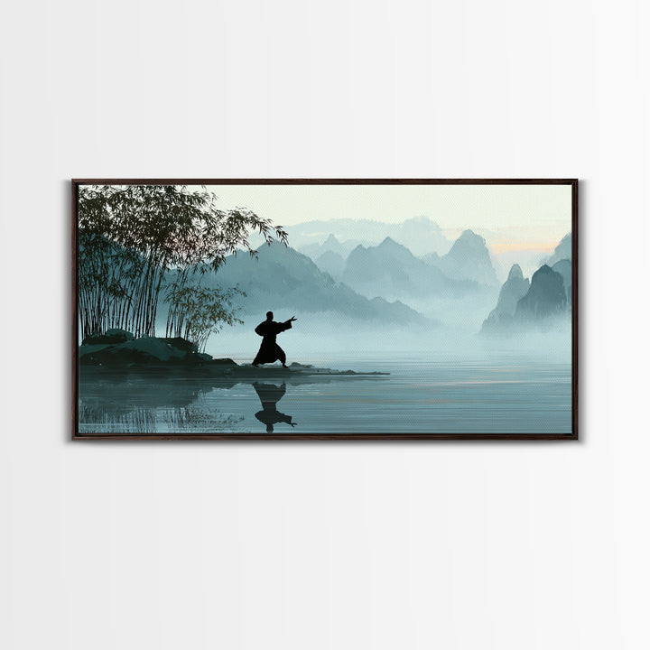 Serene Landscape With Taiji Practitioner By Water Misty Mountains Background Canvas Print Modern Wall Art Home Decor