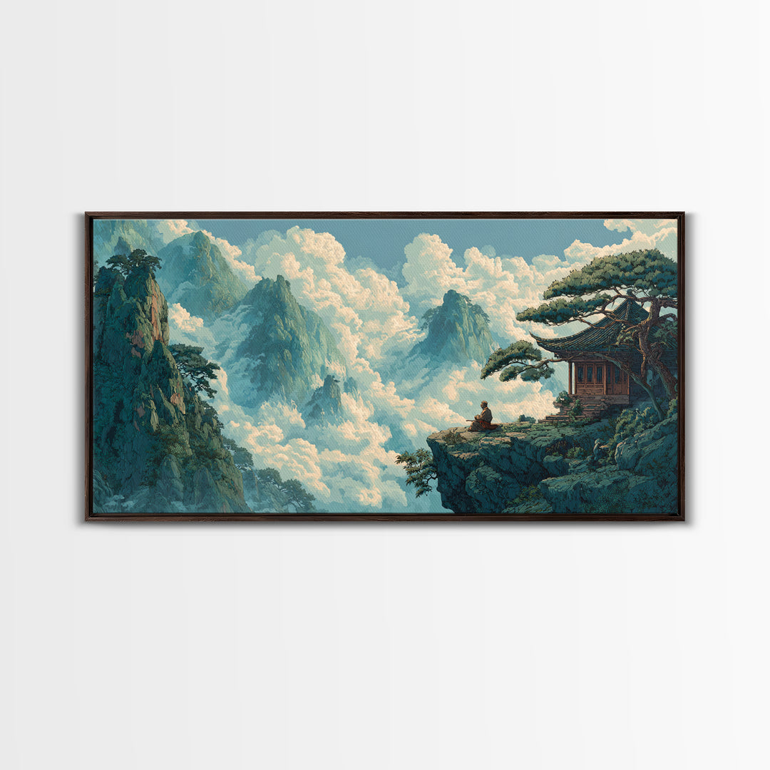 Serene Asian Landscape With Meditating Monk On Cliff Wall Art Modern Wall Decor Framed Canvas Print For Zen Living Room