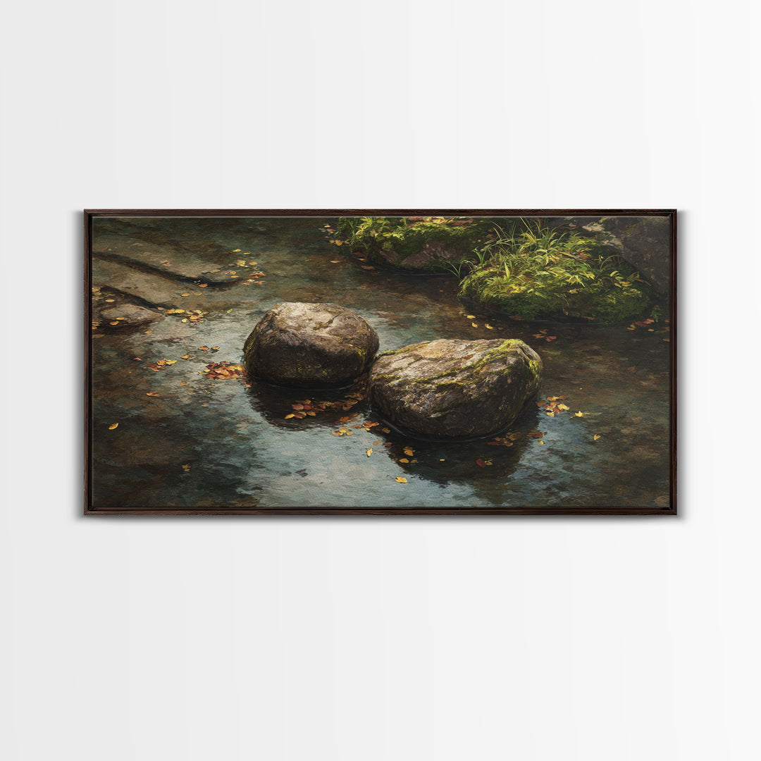 Close Up Nature Landscape Painting With Stream And Rocks Canvas Print Wall Art For Rustic Farmhouse Home Decor