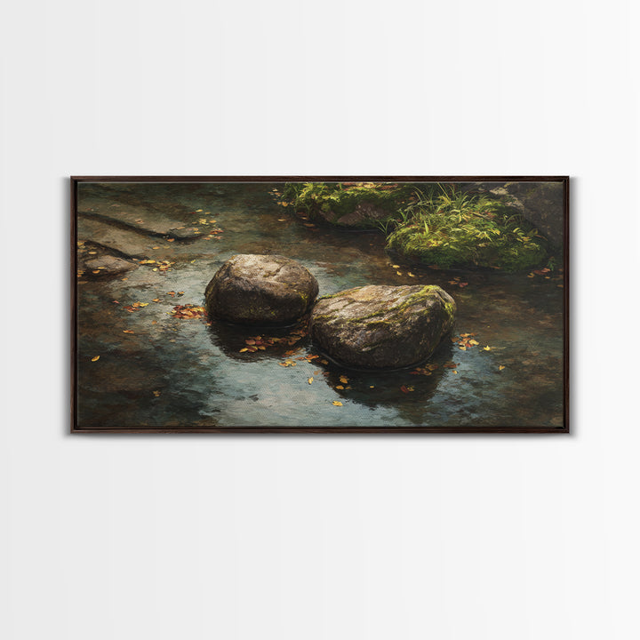 Close Up Nature Landscape Painting With Stream And Rocks Canvas Print Wall Art For Rustic Farmhouse Home Decor
