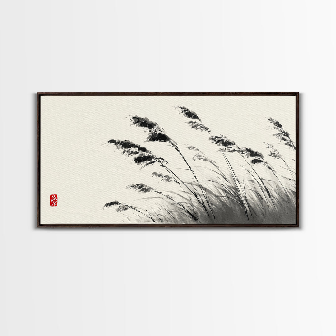 Elegant Monochrome Ink Brush Painting Of Swaying Grasses Minimalist Wall Art Canvas Print For Calm And Serene Home Decor