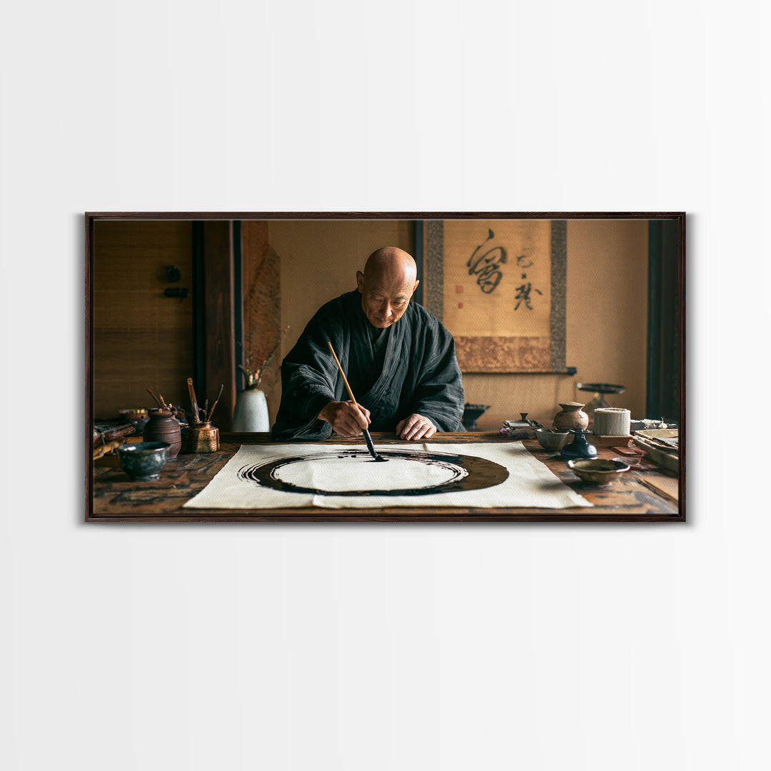 Traditional Japanese Zen Artist Painting Elegant Enso Circle Incalligraphy Studio Framed Canvas Print Wall Art