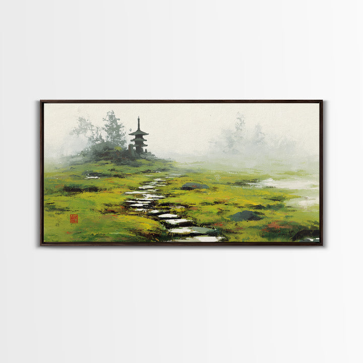 Peaceful Green Japanese Garden Landscape With Pagoda Foggy Morning Wall Art Fine Art Print Framed Canvas Print For Japanese Wall Decor
