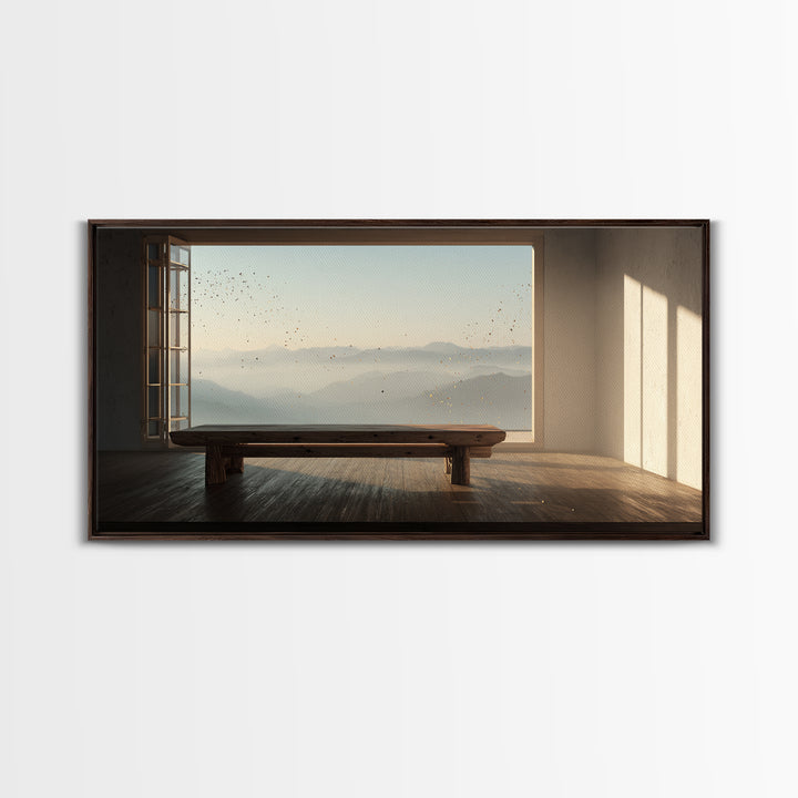 Serene Minimalist Room With Large Window Overlooking Mountain Landscape Zen Wall Art Canvas Print For Calm Living Room Decor Or Office Decoration