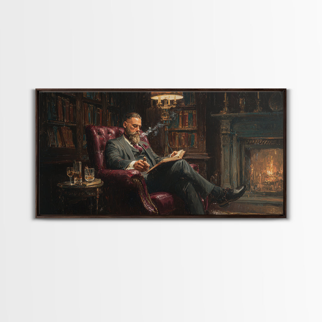 Bearded Man Reading By Fireplace Wall Art, Cozy Library Decor, Dark Academia Art, Book Lover Gift, Office Decor, Living Room Art
