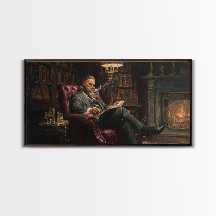 Bearded Man Reading By Fireplace Wall Art, Cozy Library Decor, Dark Academia Art, Book Lover Gift, Office Decor, Living Room Art