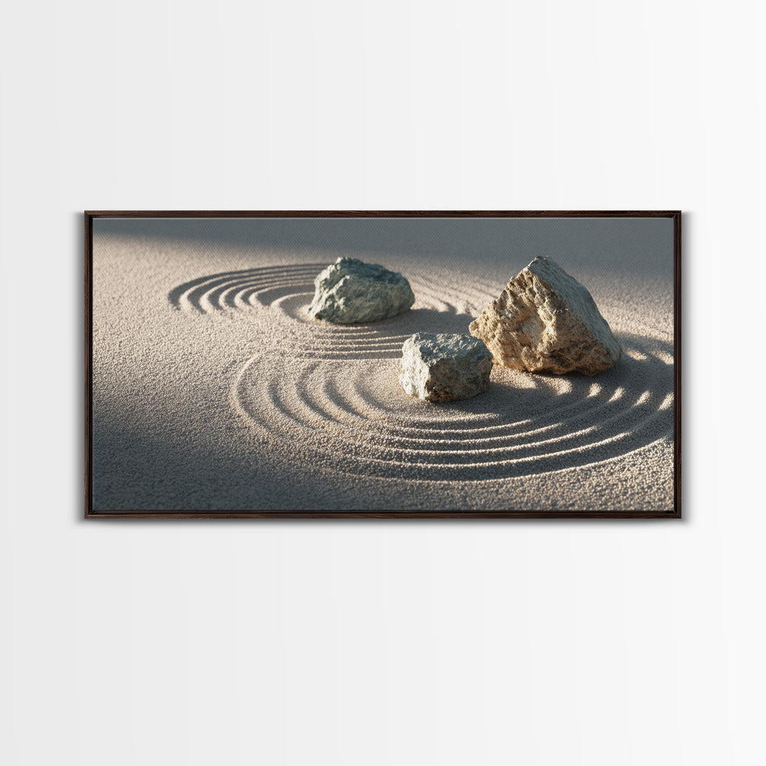 Zen Japanese Rock Garden With Sand And Stones Minimalist Wall Art Canvas Print For Calming Home Decor And Meditation Space