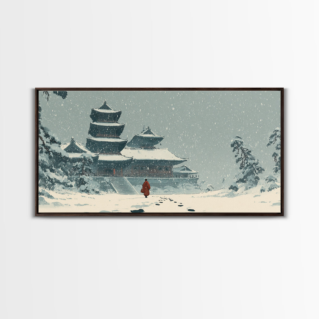 Snowy Temple Scene With Footprints In The Snow Winter Landscape Painting Framed Canvas Print