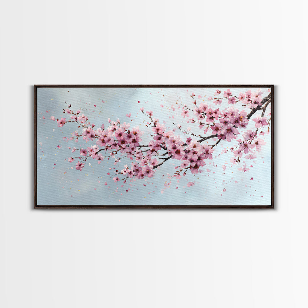 Pink Cherry Blossom Wall Art, Sakura Branch Painting, Japanese Botanical Decor, Spring Floral Living Room Bedroom Canvas Print