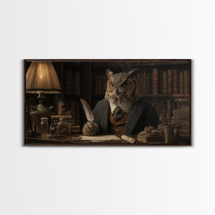 Scholar Owl In Antique Library Canvas Print, Whimsical Animal Wall Art, Dark Academia Decor, Book Lover Gift, Office Art