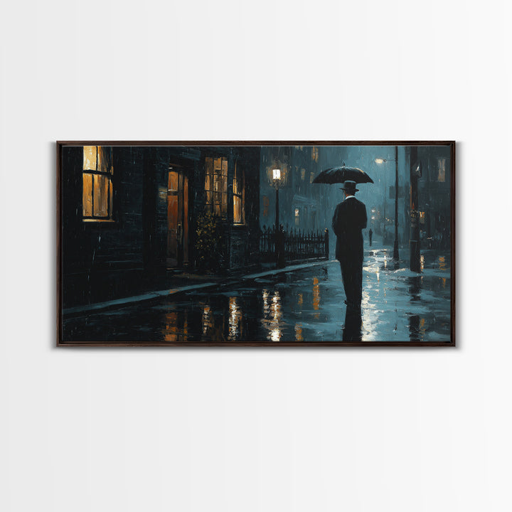 Rainy Noir City Street Wall Art, Blue Urban Night Canvas Print, Moody Office Decor, Dark Academia Living Room Print, Gift