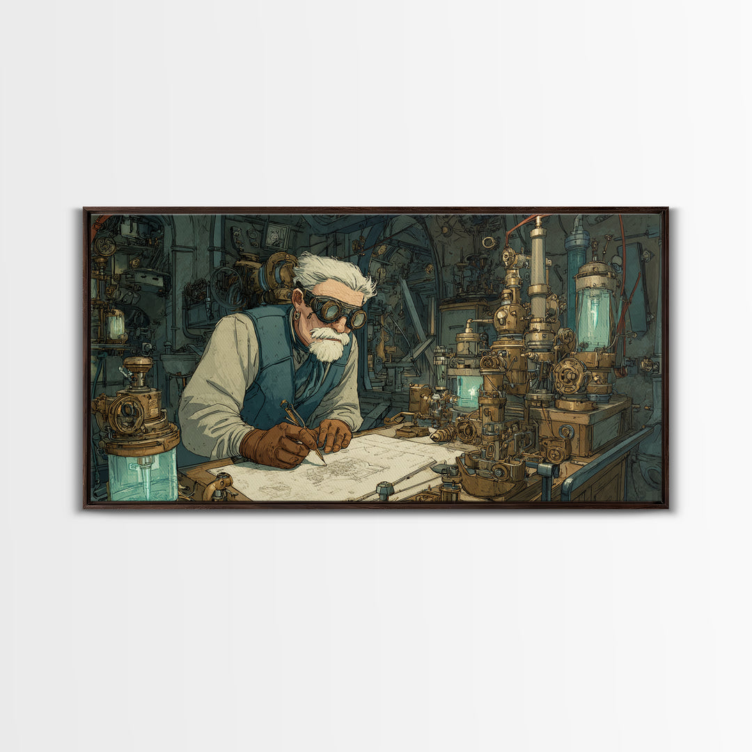 Steampunk Scientist Laboratory Canvas Print, Industrial Wall Art, Futuristic Office Decor, Sci Fi Inventor Gift For Him, Wall Decor