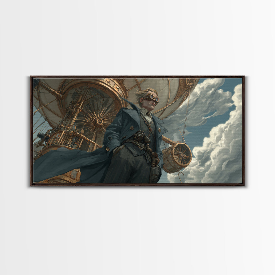 Steampunk Aviator In Blue Coat Canvas Print, Fantasy Wall Art, Industrial Airship Decor, Dramatic Office Art Gift For Him