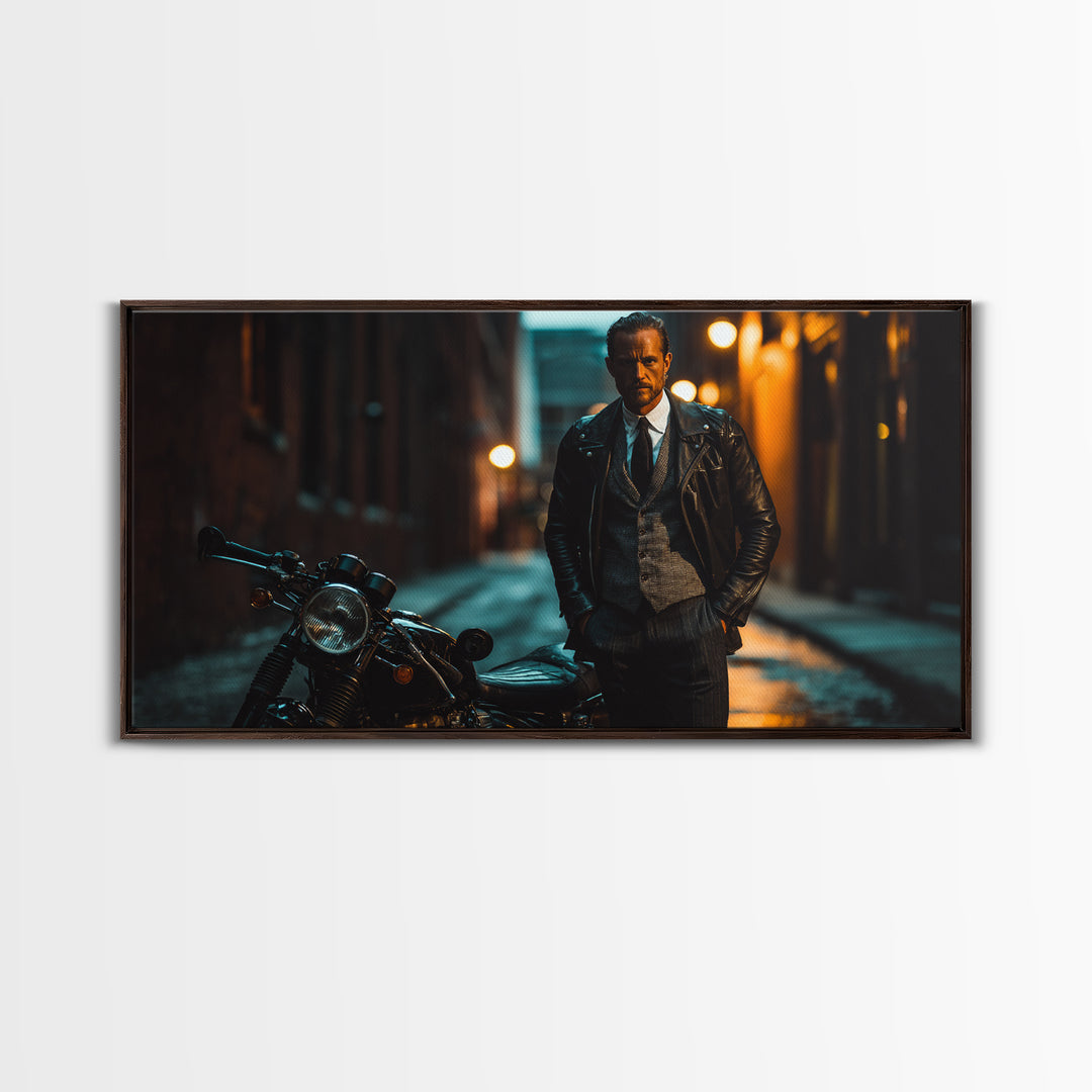 Moody Biker With Motorcycle In Rainy Alley Framed Canvas Print, Masculine Wall Art, Urban Wall Decor, Man Cave Gift For Him