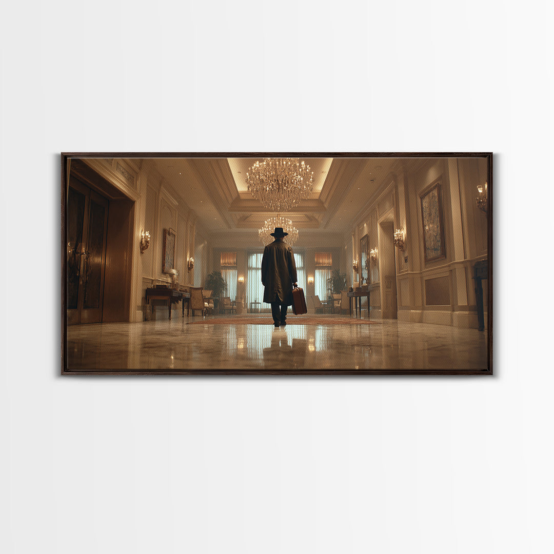 Mysterious Traveler In Luxury Hotel Lobby Canvas Print, Moody Wall Art, Dark Academia Decor, Grand Hallway Office Art Gift