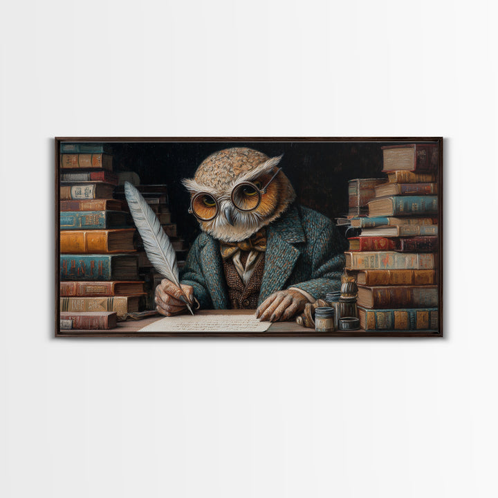 Scholarly Owl Writing Among Antique Books Framed Canvas Print, Whimsical Wall Art, Library Decor, Dark Academia, Bird Lover Gift