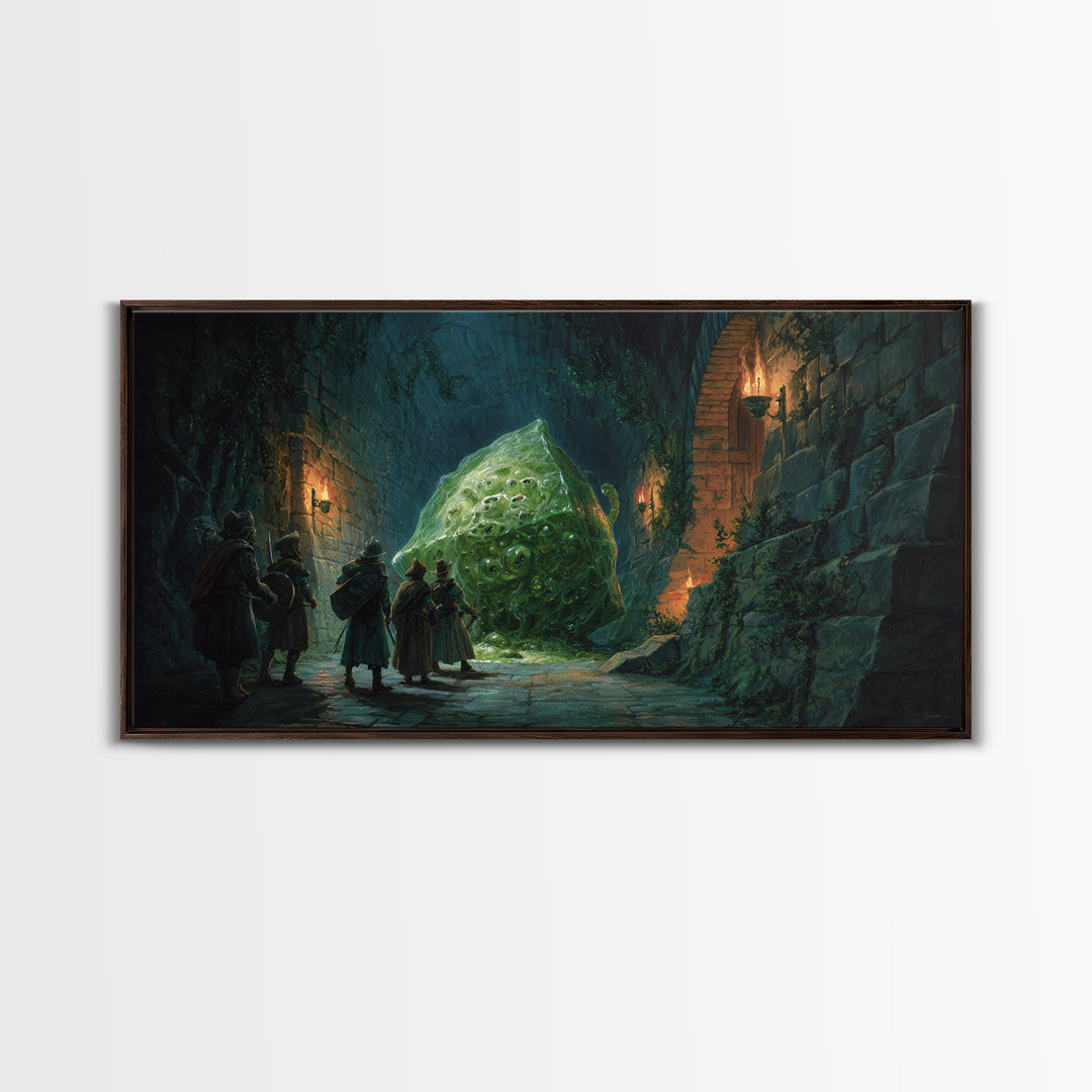 Adventurers Face A Green Slime Monster Canvas Print, Fantasy Art, Dungeon Wall Decor, Dnd Art Print, Gaming Room Decor, Gift