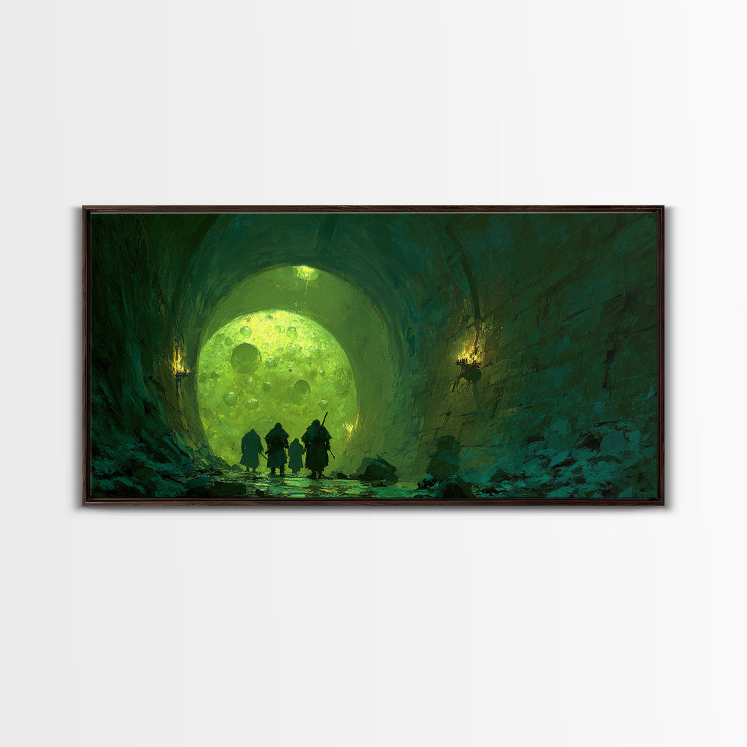 Glowing Green Moon Tunnel Wall Art, Dark Fantasy Landscape, Dungeon Decor, Whimsical Art Print, Gaming Room Wall Decor, Gift