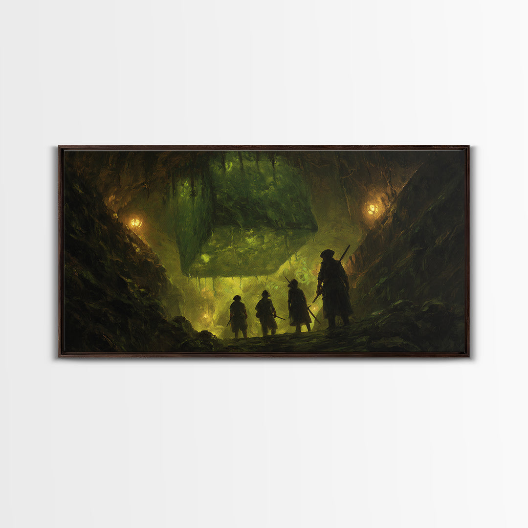 Adventurers Discover Floating Green Cube Canvas Print, Fantasy Cavern Wall Art, Dnd Decor, Gaming Room Art, Unique Gift Idea