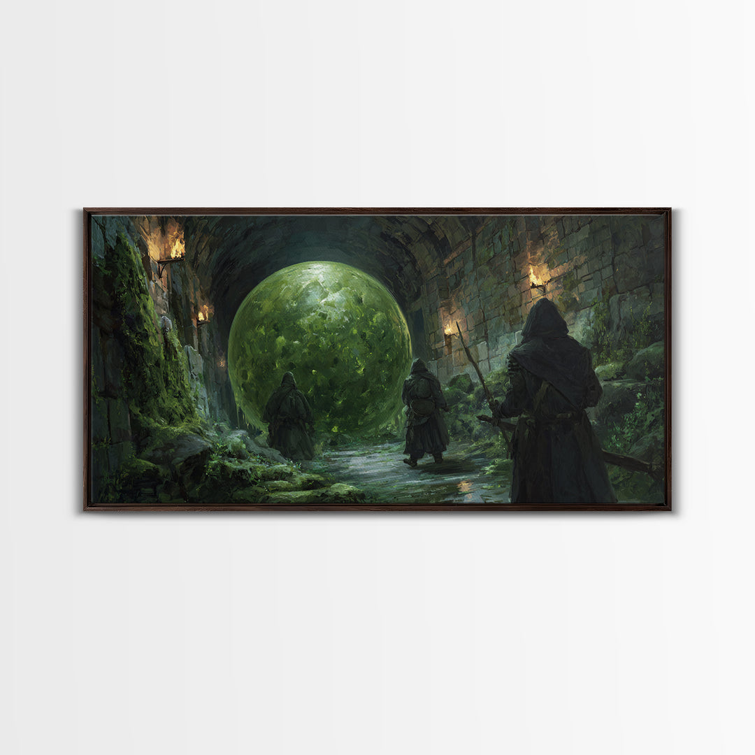 Cloaked Rangers Approach Green Orb Framed Canvas Print, Fantasy Dungeon Wall Art, Gothic Decor, Dnd Art, Gaming Room Decor