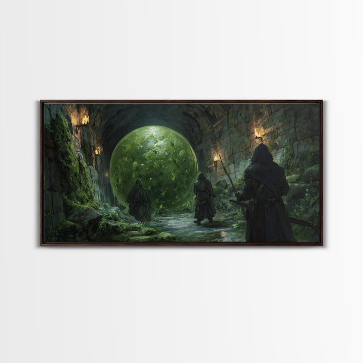 Cloaked Rangers Approach Green Orb Framed Canvas Print, Fantasy Dungeon Wall Art, Gothic Decor, Dnd Art, Gaming Room Decor