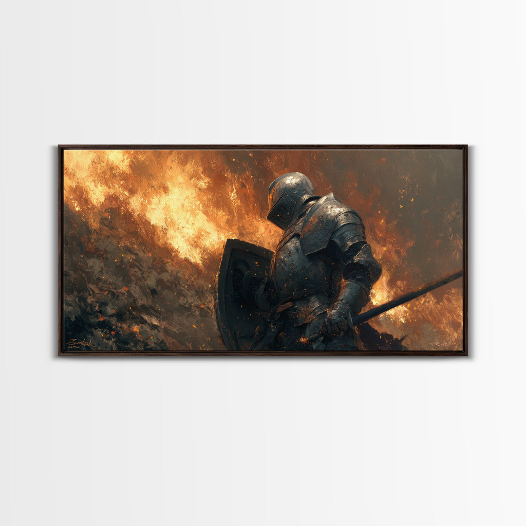 Armored Knight In Blazing Battlefield Canvas Print, Medieval Fantasy Art, Warrior Wall Decor, Gothic Wall Art, Gift For Him