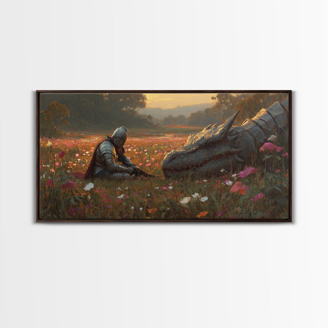 Resting Knight And Sleeping Dragon In Wildflower Meadow Framed Canvas Print, Fantasy Wall Art, Medieval Home Decor, Gift For Her