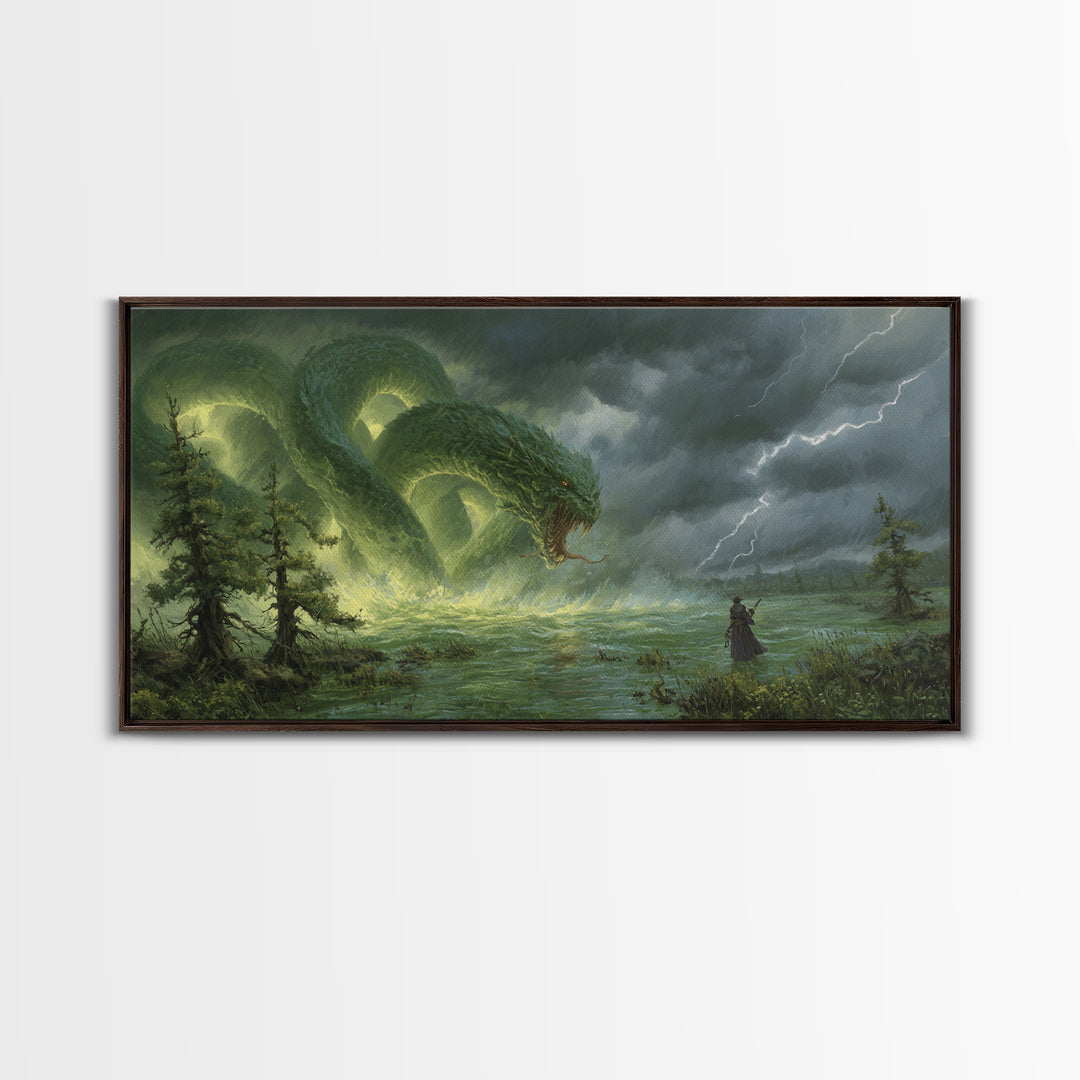 Giant Emerald Serpent In Stormy Marsh Canvas Print, Fantasy Wall Art, Dragon Artwork, Dark Academia Home Decor, Mystical Wall Decor