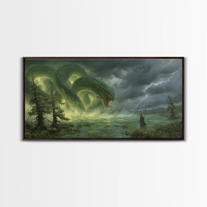 Giant Emerald Serpent In Stormy Marsh Canvas Print, Fantasy Wall Art, Dragon Artwork, Dark Academia Home Decor, Mystical Wall Decor