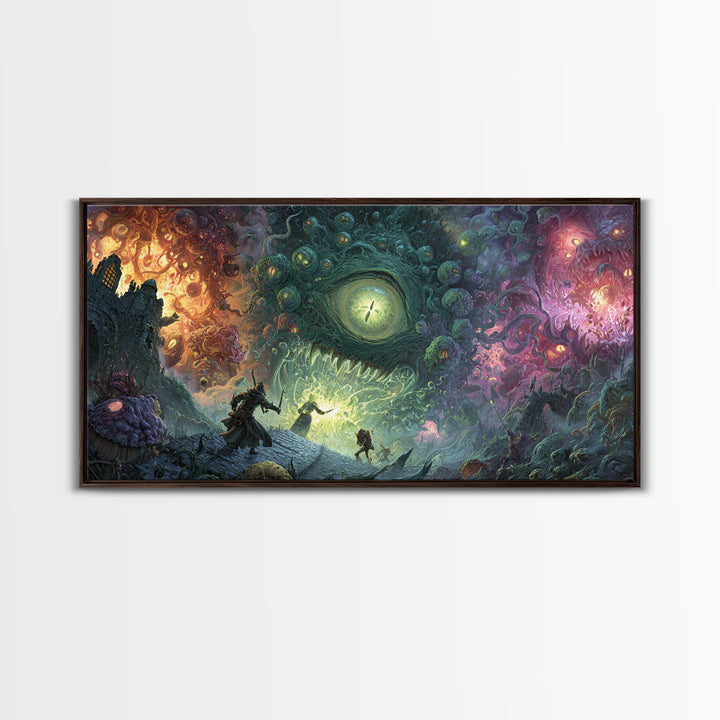 Adventurers Facing Cosmic Portal Monster Canvas Print, Surreal Fantasy Wall Art, Lovecraftian Game Room Decor Gift For Him