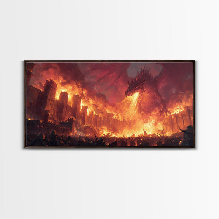 Fire Dragon Attacking Burning Castle City Framed Canvas Print, Dark Fantasy Wall Art, Medieval Battle Home Decor Gift For Him