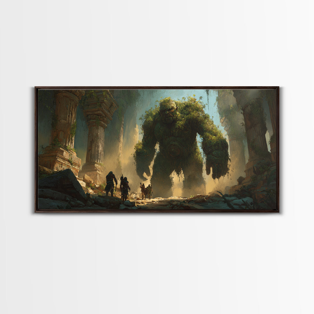 Ancient Moss Giant In Overgrown Temple Ruins Canvas Print, Fantasy Wall Art, Mythical Adventure Home Decor Gift For Gamer