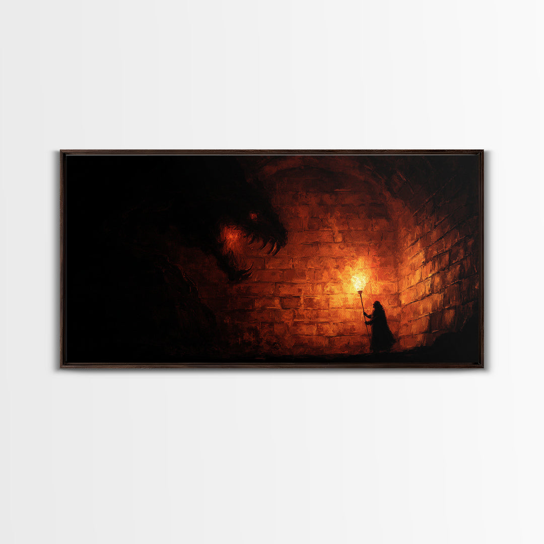 Cloaked Figure With Torch Facing Dungeon Beast Canvas Print, Gothic Wall Art, Dark Fantasy Creepy Horror Decor Gift For Him